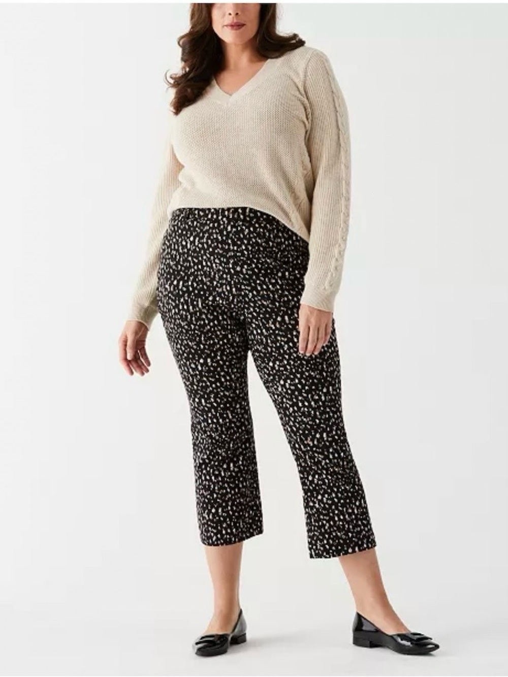 Rafaella Black & Cream Cropped Printed Ponte Pants Plus Size